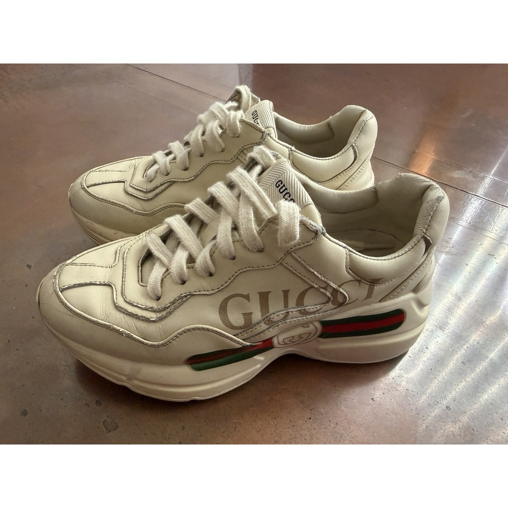 Gucci Rhyton Logo Leather Sneakers White Chunky Shoes Women's Size 5